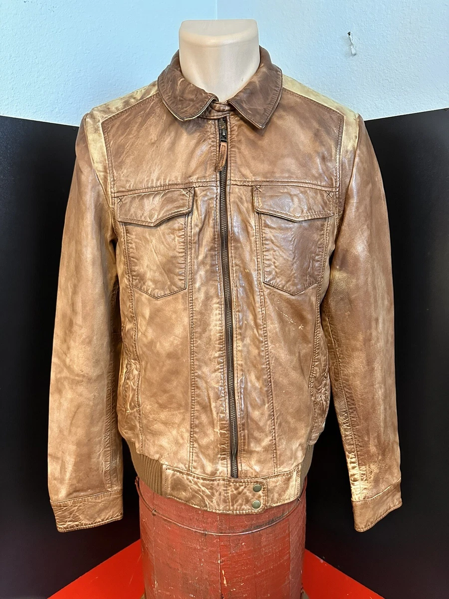 Lee VTG Re Print Mens Genuine Leather Bomber Jacket Distressed