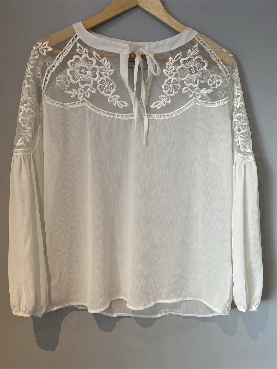 Sonja by Sonja Morgan Sheer Blouse w/ Embroidered Lace Shoulder Size S Tie  Neck | eBay