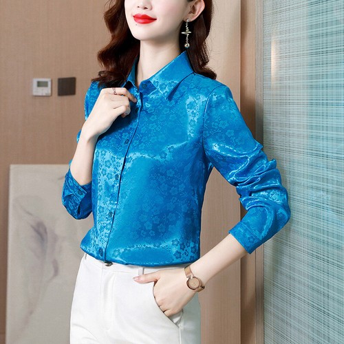 Lady Floral Satin Shirt Tops Faux Silk Button Elegant Formal Office Shiny Blouse - Picture 1 of 18