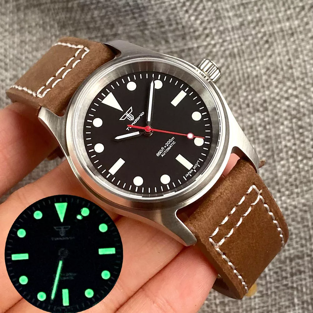 36mm Tandorio Pilot Style 20ATM NH35A PT5000 Automatic Watch Men Leather Strap