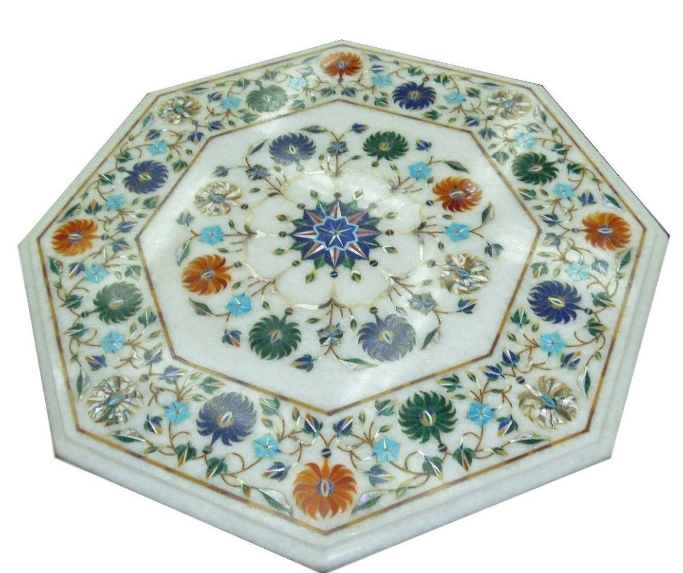 18-inch white coffee table with handmade Pietra Dura lapis inlay art for home decor