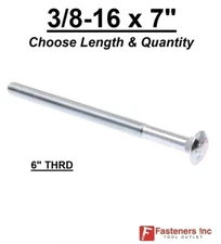 3/8-16 x 7" Carriage Bolts A307 Grade 2 Zinc Plated "Coach Screws" 3/8"-16