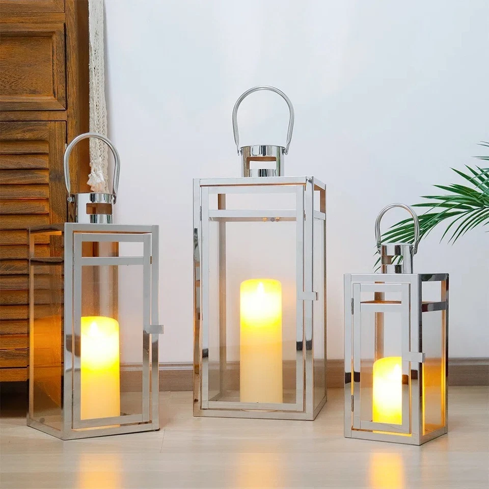 Juego de 3 piezas a juego linterna de vela de acero inoxidable decoración de vidrio transparente 12" 16" 20" Foto 2 de 4