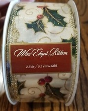 Kirkland Wire Edged Ribbon Christmas Holly Berry Gold 50 yards x 2.5 inches New
