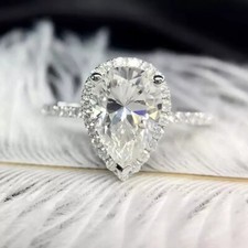 3.46 TCW Pear Cut Moissanite Halo Engagement Ring 14K White Gold Plated