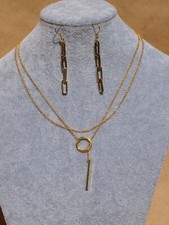 Gold Toned Fashion Necklace Long Chain Wrap Around Link Earring Set