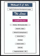 MILLWALL U21s v CARDIFF CITY U21s 18.12.23 PROFESSIONAL DEVELOPMENT LEAGUE
