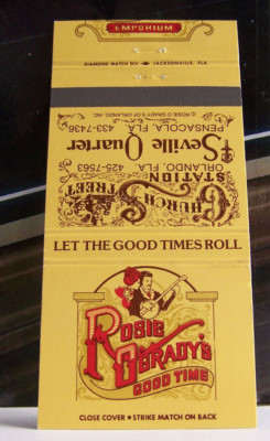 Rare Vintage Matchbook Cover R3 Orlando Pensacola Florida Rosie O'grady's Good T