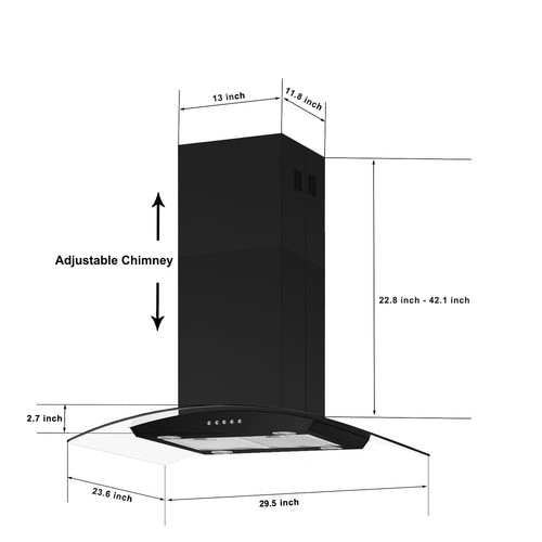 30 inch Island Mount Range Hood 900CFM Tempered Glass Cook Vent LED Light Black - Picture 5 of 15