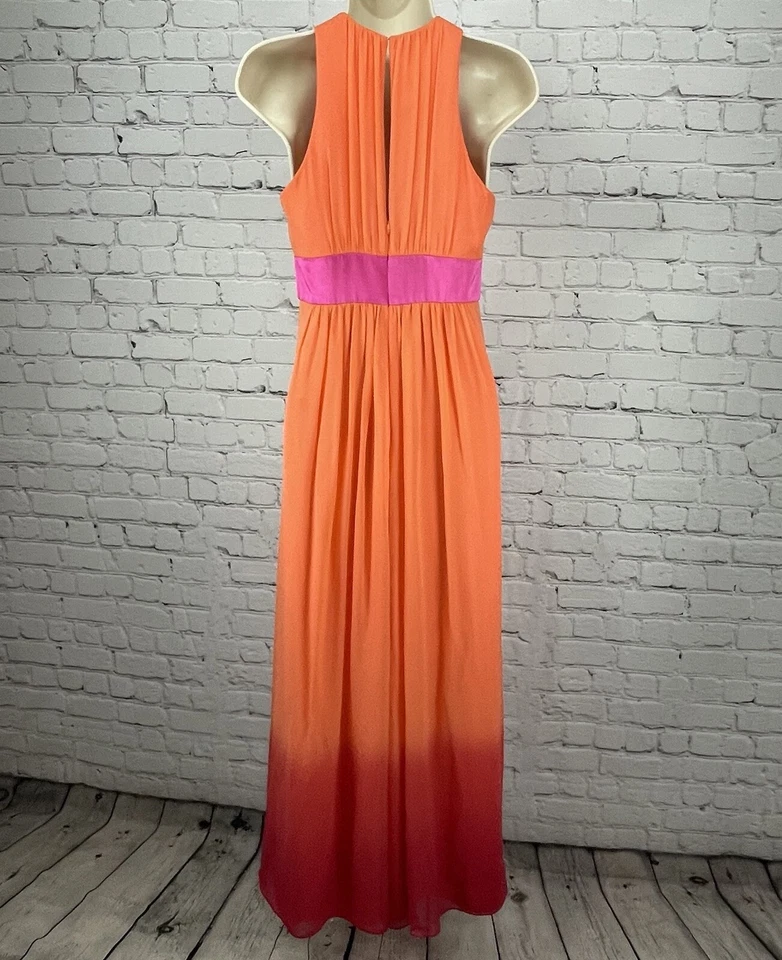 Kay Unger Orange Pink Silk Ombré Maxi Dress Gown Prom Zipped Lined Empire Size 2 - Image 2 of 4