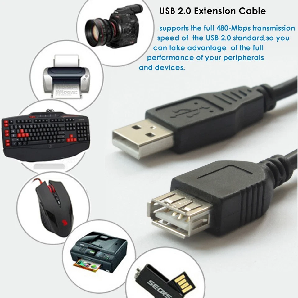 USB extension Cable, 3/6/10/15/33ft USB 2.0 Cord AM-AF for DVD Player Laptop Lot - Image 2 of 4