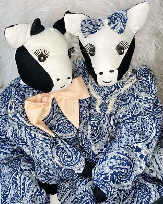 2 Handmade Vintage Cloth Holstein Cows OOAK Cute & Fun Cows! A-moo-zing!