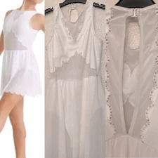 WEISSMAN solo custom Dance white Costume rhinestoned Scallop Hem Dress D10958 LC