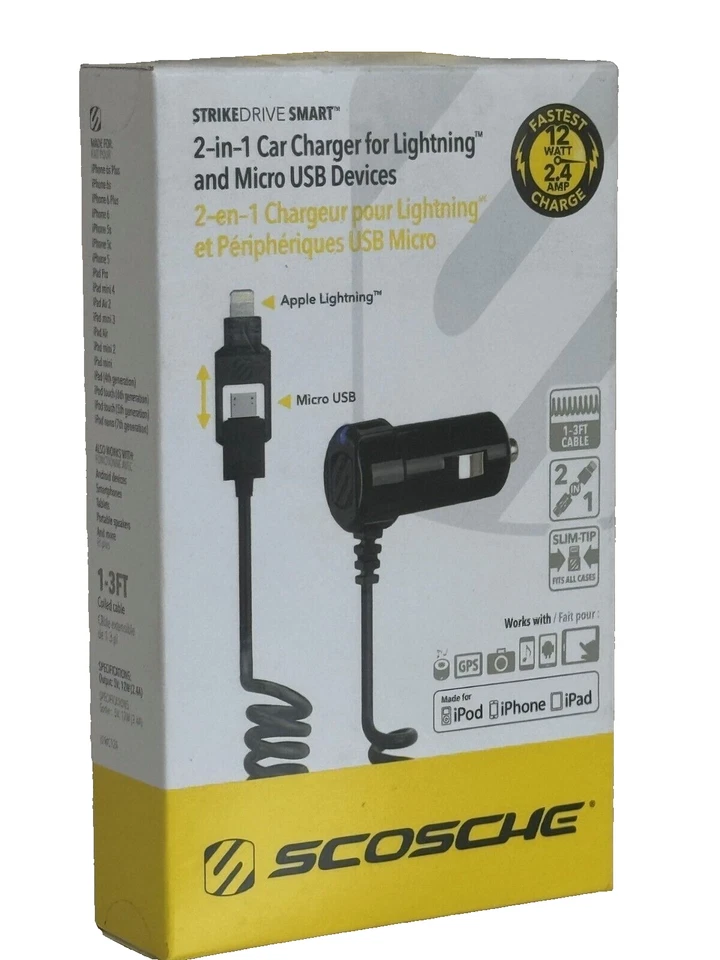 Scosche 2 in 1 Micro USB Lightning MFI CERTIFIED 12W Car Charger for iPhone SE 3 - Image 2 of 3