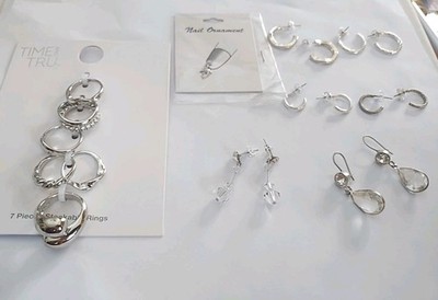 Silver-tone Jewelry Lot Seven Items Six Pairs Of Earrings One Nail Ornament