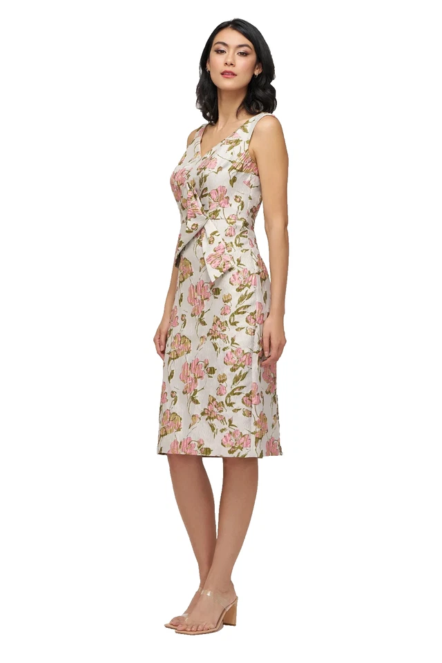 JS Collections Cream Pink Green Veda Bow Sheath Cocktail Dress Size 8 $248 - Image 2 of 4