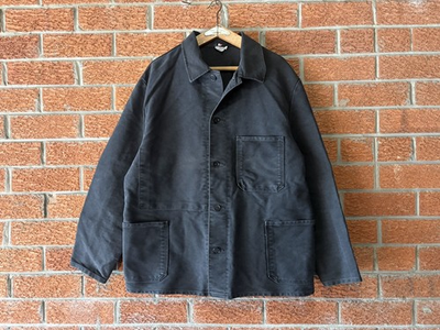 #ad Rare Vintage German Black Moleskin Work Chore Jacket Pit25quot; Workwear AllBlack AU $255.00