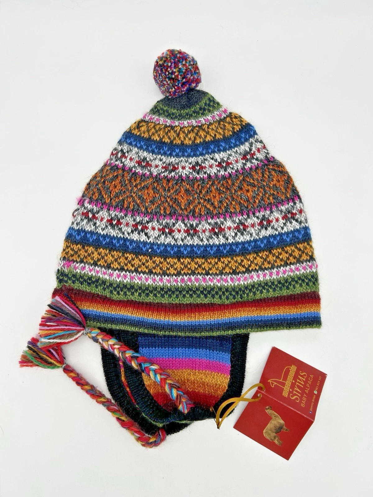 Soft Baby Alpaca Chullo Beanie Green Blue Pink Black Unisex pompoms Peru NWT