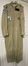 Vintage US NAVY SIZE 44 khaki Bauer Flight Suit Coveralls F-14,F-4 VF-11 Patches
