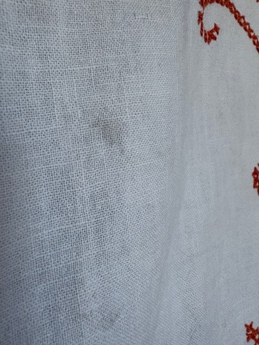 Linen Hand Cross Stitched Tablecloth 56" x 44" Orange Flowers Vintage Imperfect - Picture 6 of 9