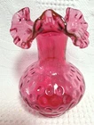 Vintage Fenton VASE Cranberry Glass Reverse Thumbprint Ruffled Edge 7" 61R
