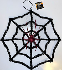 Halloween Tinsel Spider Web Wall Decor 16 Black Red Glitter Spider NWT