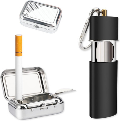 2Pc Portable Pocket Ashtray with Lid Odor Proof Metal Travel Ash Holder Black