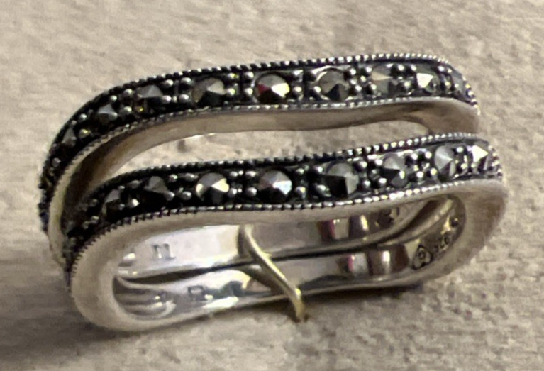 Vintage Two Row Interlocking Sterling Silver Marcasite Ring.