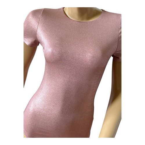 EXPRESS Womens Size XS Metallic Pink Short Sleeve Stretch Crew Bodysuit Shirt - Picture 5 of 7