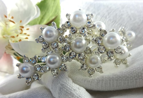 SILBER STRASS BLUMEN HAARNADEL PERLE weiß HAARNADELN BRAUT HOCHZEIT HAARSCHMUCK - Bild 4 von 12