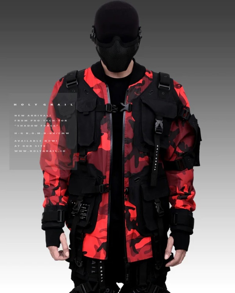 Men's Techwear Red Camouflage Jacket Hoodie Full Zip Buckle H-G B.O.M.B ...