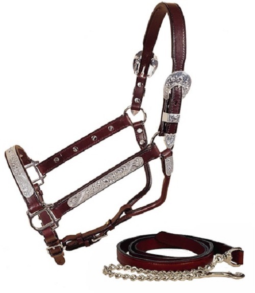Western Mahagony Plata Cuero Tachonado Halter Con Cadena De Plomo Western Mahagony Plata Cuero Tachonado Halter Con Cadena De Plomo
