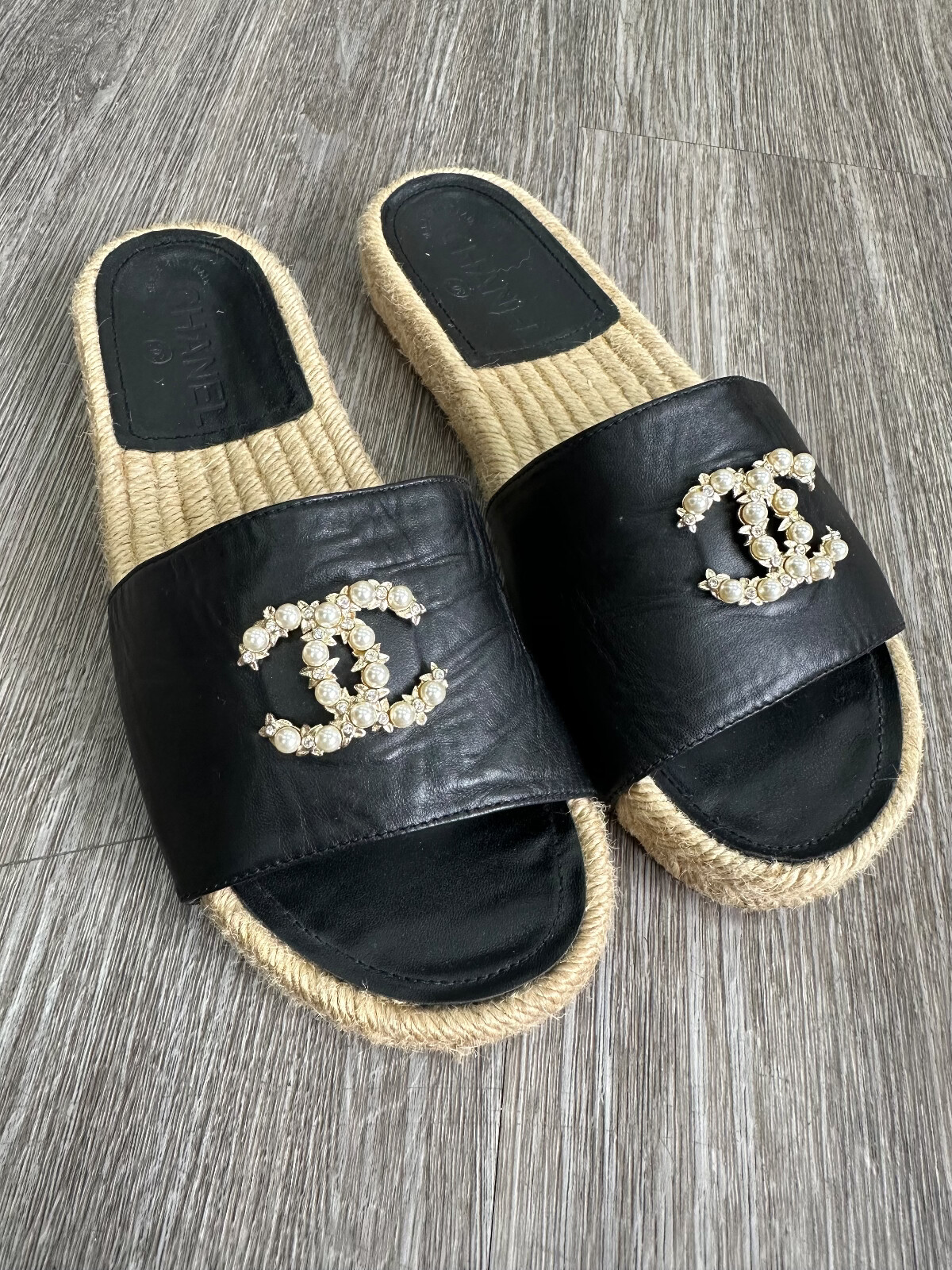 CHANEL EC1 Black Pearl Embellished Sandals Size 37.5