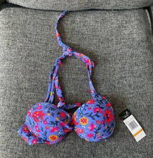 California Waves NWT Padded Multicolor Floral Halter Bikini Swim Top, Sz S Small