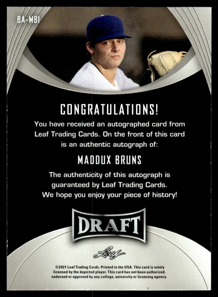 2021 LEAF DRAFT AUTO Maddux Bruns Auto #BA-MB1 R45 - Image 2 of 2