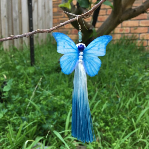 AD66 White Pearl Lapis lazuli tourmaline stereoscopic butterfly tassel earring - Picture 6 of 9