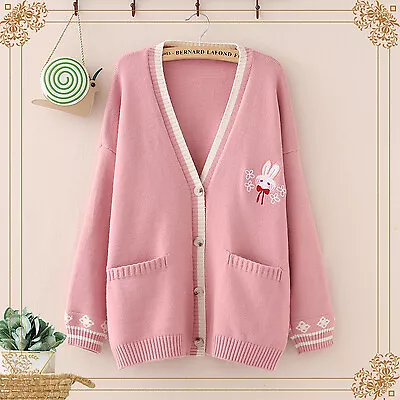 Japanese Sweet Kawaii Cute Bunny Pattern Knitted Sweater Cardigan Coat
