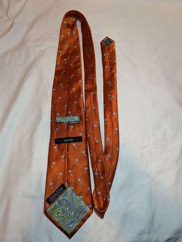 Alfani 100% SILK Men's Designer Tie Gold Orange Martini Double Sided Paisley - Picture 4 of 10