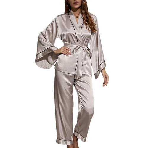 Satins Silk Pajamas Set Women Belted Sleepwear Long Sleeve Pj Set Loungewear - Picture 22 of 32