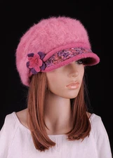 M387 Pink Cute Floral Brim Warm Faux Fur Women's Winter Hat Newsboy Cap