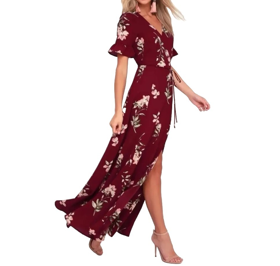 Lulus September Sunsets Wrap Dress Womens Small Burgundy Maxi Floral Flowy  Gown | eBay