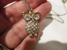 Unbranded Goldtone Owl Necklace with Clear Rhinestones CZ's 16" Chain 1" ext.
