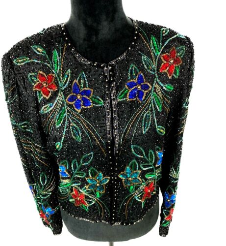 Scala Vintage 100% Silk Beaded Sequined Evening Jacket Size L - Picture 3 of 7