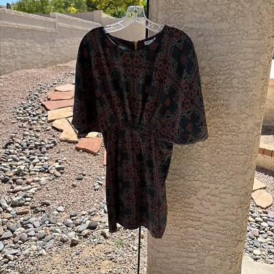 Nieves Lavi Retro Green Red Floral Dress 100% Silk Dress Size