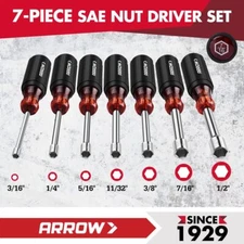ARROW 7 PCS SAE Nut Drivers Set with Non-Slip Grip Cr-V Steel for Tightening New
