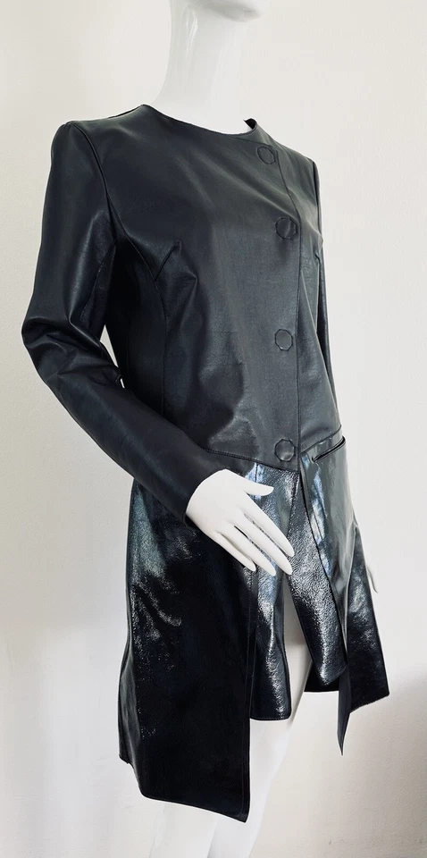 FENDI Jacket Over Coat Patent Leather Wool Black Button 2015 Runway Size IT 40 S - Image 4 of 4