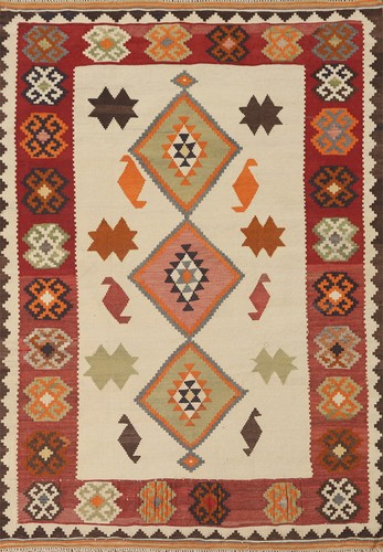 Vintage Ivory Vegetable Dye Kilim Reversible Rug 4x6 Wool Hand Woven Tribal Rug