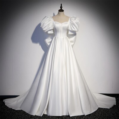 Satin Wedding Dresses with Bow Puffy Short Sleeves Lace Up A Line Bridal  Gowns | eBay