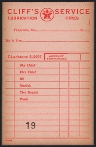 Vintage receipt CLIFFS TEXACO SERVICE gas oil Claycomo Missouri unused n-mint