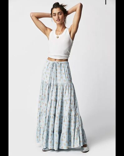 Free People Nova Tiered Floral Maxi Skirt LINEN BLEND Lt. Blue Size Small